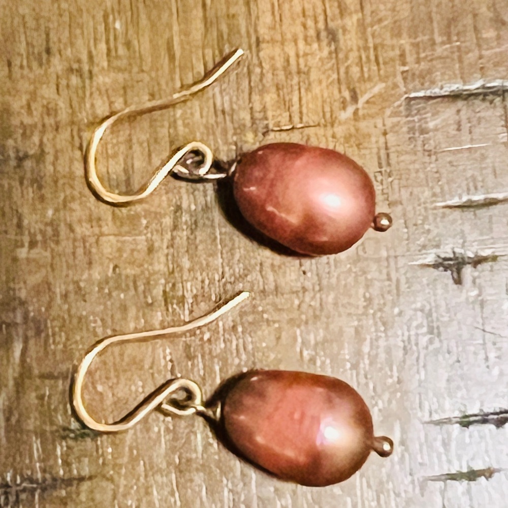 Pink gold pearl dangle earrings with rose gold wires